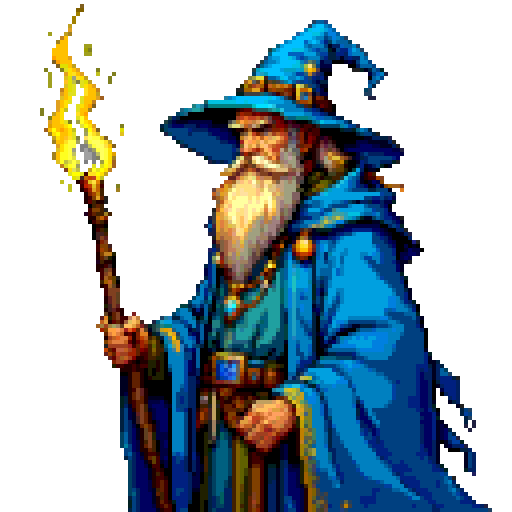 Pixel art wizard with a glowing staff