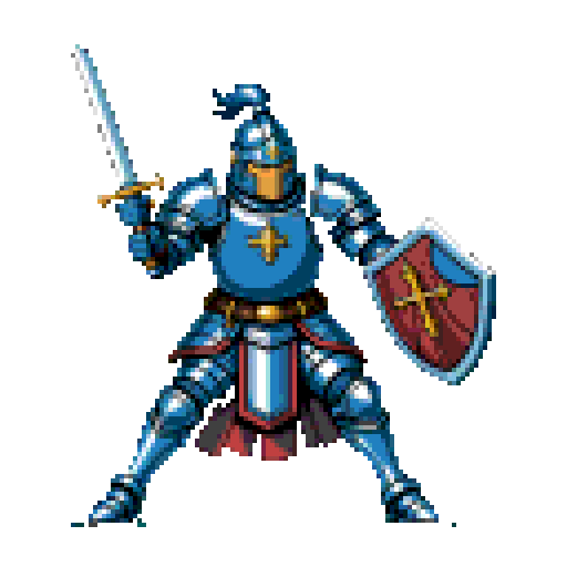 Pixel art knight attacking pose, transparent sprite