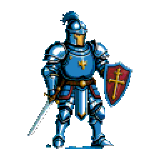 Pixel art knight blocking pose, transparent sprite