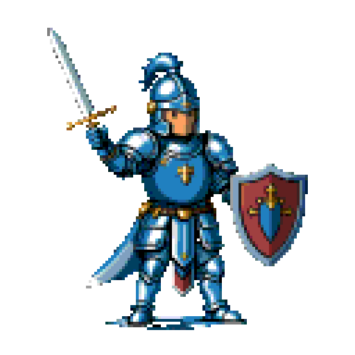 Pixel art knight victory pose, transparent sprite