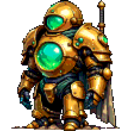 Pixel art brass clockwork automaton warrior