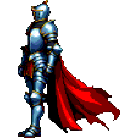 Pixel art knight in plate armor with a flowing cape