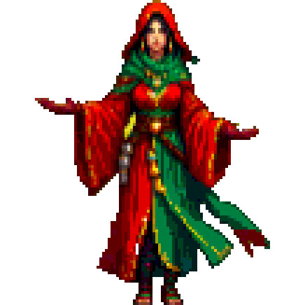 Pixel art flame sorceress conjuring fire
