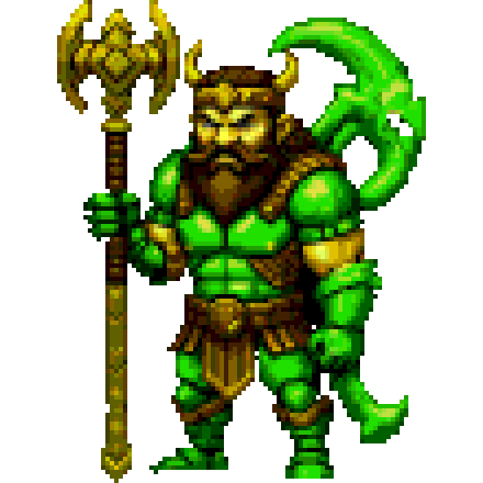 Pixel art orc warlord with a horned helm and great axe